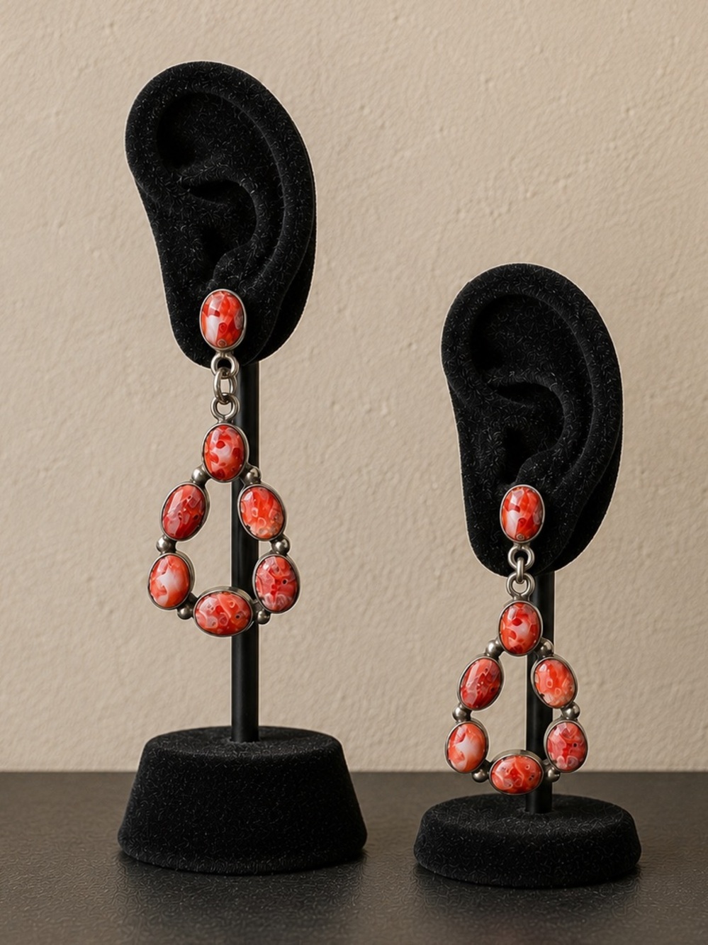 Vintage Sterling Red Spiny Oyster Dangle Earrings, Southwestern Teardrop Earring